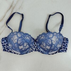 Victoria's Secret Blue Lace Leopard Print Balconette Bra, Sz 32B
